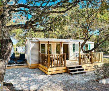 Terrasse en bois devant un chalet entouré d'arbres du 3 bedroom Chalets Camping Leï Suves – JoyCasa