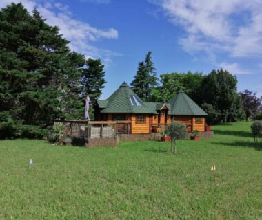 Prairie avec chalets en bois et cyprès dans le camping A l'abri des cyprès