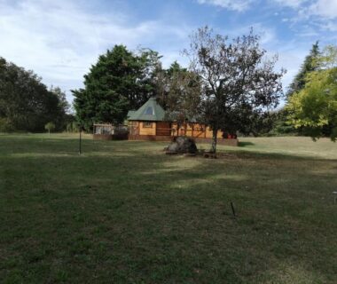 Prairie et chalet en bois au camping A l'abri des cyprès