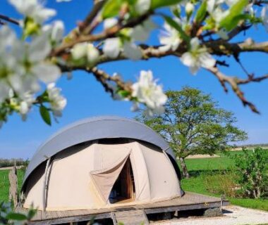 Terrasse avec tente lodge sur prairie au camping A l'aube des sens