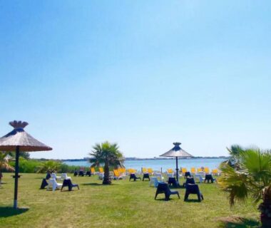 Pelouse au bord de l'eau avec transats et parasols au camping AA-Luminosa