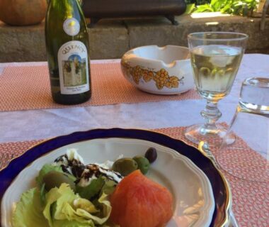 Terrasse avec salade bouteille et verre de vin au Domaine de Mombret Haut