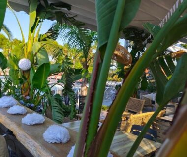 Bar extérieur décoré de coquillages et palmiers au camping Argeles Mobil'holidays del mar 222