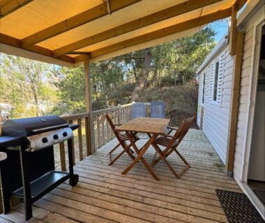 Terrasse couverte avec table et barbecue du mobil-home Au coeur de la pinède