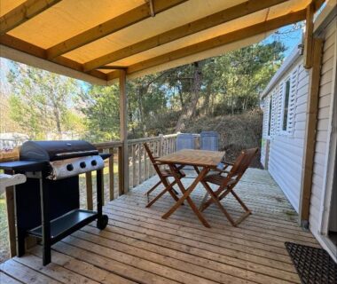 Terrasse couverte avec table et barbecue du camping Au coeur de la pinède