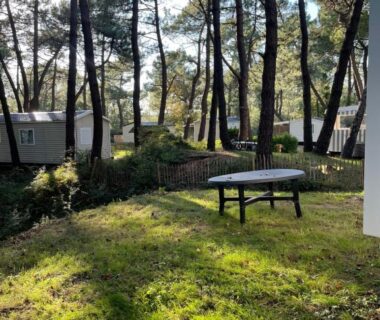 Emplacement gazonné avec table et mobil-homes au camping Au petit paradis