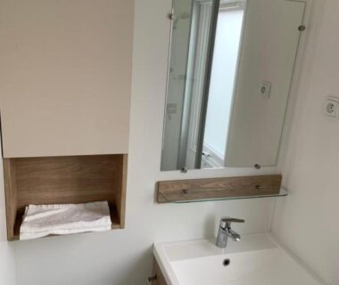 Salle d'eau avec lavabo miroir et WC dans le bungalow Sublime Au Viviers Camping Siblu