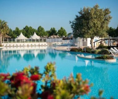 Piscine du camping avec transats et palmiers au Bungalow Luxe Mazet Royal Carabasse Vias Plage
