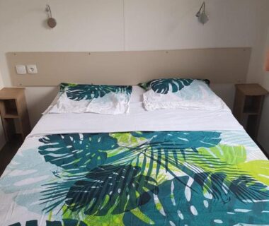 Chambre avec lit double et linge à feuilles dans BVCO LOCATIONS PROCHE CHATEAUX ET BEAUVAL DANS LE LOIR et CHER