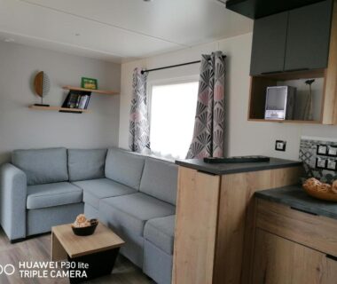 Salon avec canapé et kitchenette dans le mobil-home BVCO LOCATIONS PROCHE CHATEAUX ET BEAUVAL DANS LE LOIR ET CHER