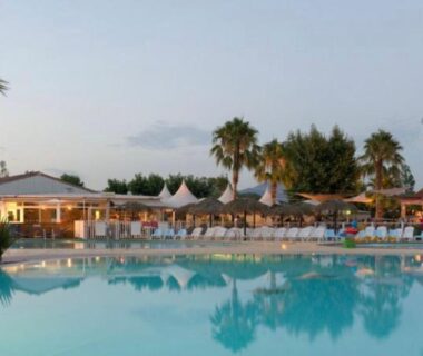 Piscine extérieure bordée de palmiers et transats au camping Bien dans le sud