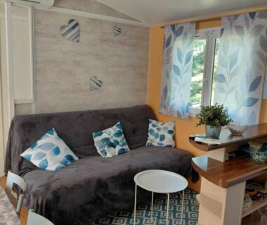Salon du mobil-home avec canapé et table basse au camping Bleu d'Argonne