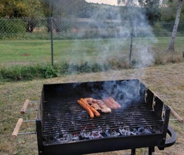 Barbecue dans l'herbe avec saucisses et fumée au camping Bleu d'Argonne