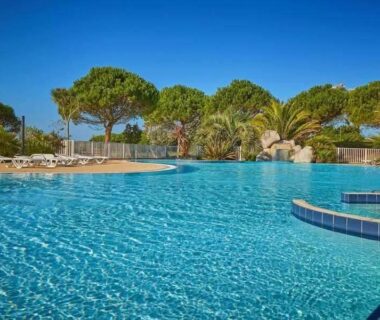 Piscine extérieure bordée de palmiers et chaises longues en Finistère au camping Bora Bora