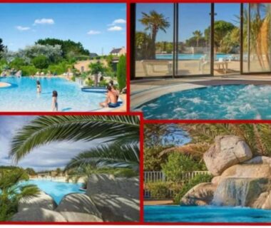 Piscine extérieure spa intérieur et cascades au camping Bora Bora