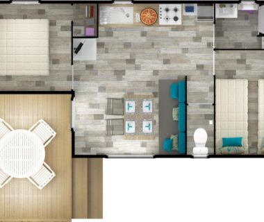 Plan intérieur montrant séjour chambres et terrasse du Bungalow Bord de mer
