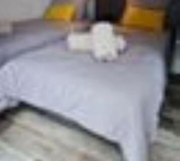 Chambre avec deux lits et serviettes dans le Bungalow Mobile Home de Luxe Vue Mer Saint-Raphaël 4 personnes