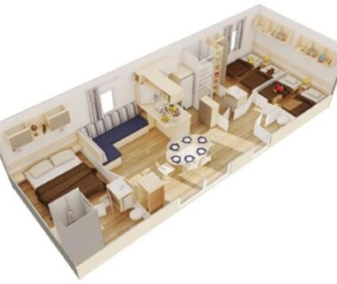 Plan intérieur du bungalow montrant séjour 3 chambres et 2 salles de bains du Bungalow Natherem