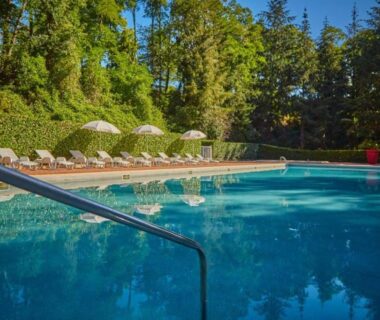 Piscine extérieure entourée d'arbres et chaises longues au bungalow climatisé dans un bel écrin de nature