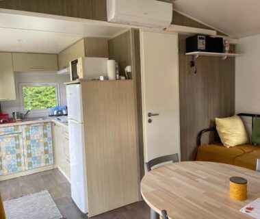 Séjour avec kitchenette table et canapé dans le Bungalow climatisé dans un bel écrin de nature