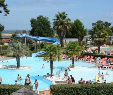 Piscine extérieure avec toboggan et palmiers au Bungalow du bonheur