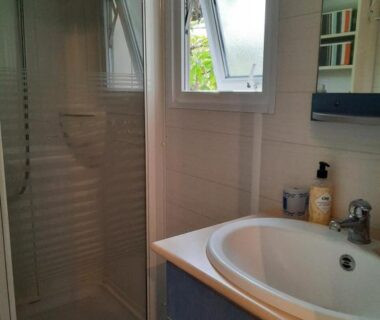 Salle d'eau avec douche et lavabo dans le bungalow la toison d or 4D05