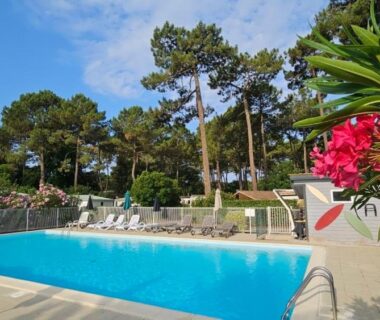 Piscine extérieure entourée de pins au Bungalow neuf 6 places au calme, proche océan et lac