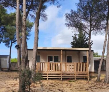 Terrasse en bois sous les pins du Bungalow proche mer CARRY LE ROUET