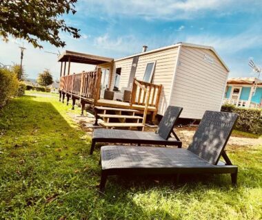 Pelouse avec transats devant le bungalow tout confort 6 personnes