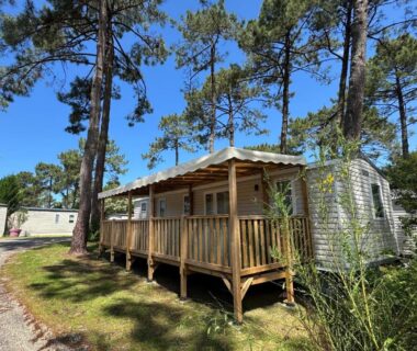 Mobil-home avec terrasse en bois sous les pins aux Bungalows Cap-Ferret BandB La conciergerie