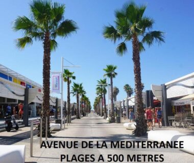 Avenue de la Méditerranée avec palmiers et commerces au camping CAMPING 4 Etoiles MER A 500 M PISCINE LAGON