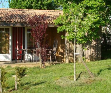 Terrasse et chalet en bois au milieu d'arbres au Camping Les Graves