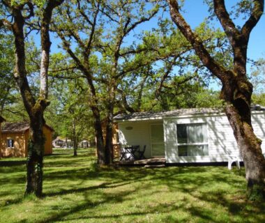 Parc herbeux avec mobil home et cabane en bois sous les chênes au Camping Les Paillotes