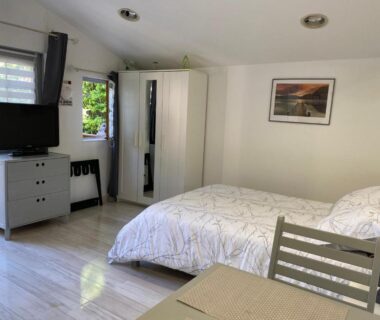 Chambre avec lit double télévision et armoire dans le chalet CHALET PISCINE JARDIN CLOTURE ANIMAUX Acceptés