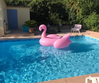 Piscine avec bouée flamant rose dans le jardin du chalet CHALET PISCINE JARDIN CLOTURE ANIMAUX Acceptés