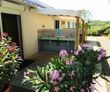 Terrasse extérieure avec évier et plantes de la Cabane Randonneurs