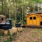 Clairière boisée avec deux cabanes en bois dans la Cabane insolite avec escape game