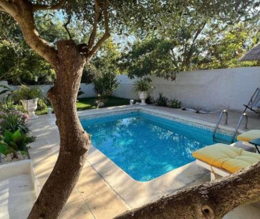 Cour ombragée avec petite piscine et transats à la Cabane la Clef des Champs au Mas des Entrages