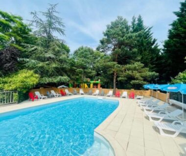 Piscine extérieure entourée d'arbres et transats au camping Cabane sur pilotis avec terrasse au calme API-1-52-1502