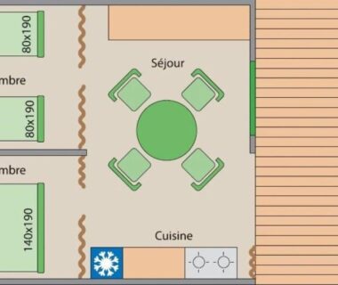 Plan du mobil-home trois chambres séjour cuisine et terrasse du Camping 4 étoiles - Piscine - ccaaeah
