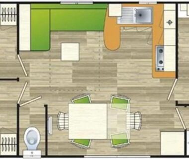 Plan intérieur du mobil-home avec séjour salle à manger et chambres au Camping 4 étoiles - Piscine - ccab0ea