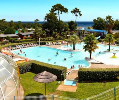 Piscine extérieure avec palmiers et toboggan du Camping 4 etoiles les viviers lege cap ferret
