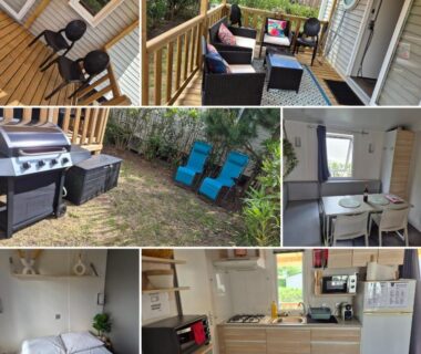 Terrasse et coin salon extérieur avec barbecue et chaises longues au Camping 4 etoiles les viviers lege cap ferret