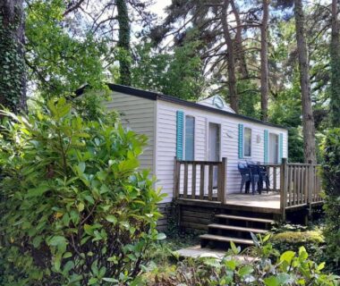 Mobil-home avec terrasse entouré d'arbres au Camping 46 Rainettes
