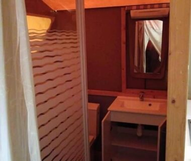 Salle de bain avec cabine de douche et lavabo du Camping 46 Rainettes