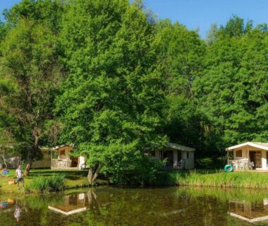 Bord d'étang avec chalets en bois au Camping Aqua Viva