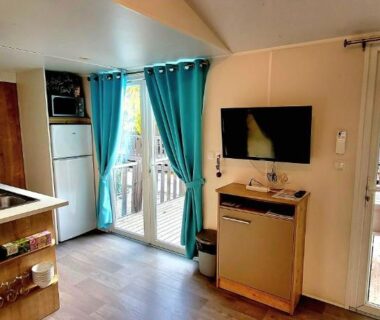 Salon avec kitchenette et terrasse du Camping Aux Portes De Cassis