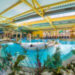 Piscine intérieure tropicale avec toboggans et palmiers au Camping Bel Air