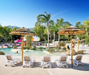 Piscine extérieure avec transats parasols et palmiers au Camping Bella Vista