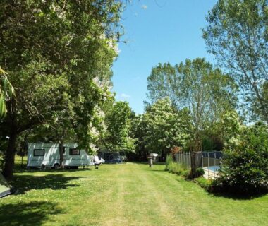 Allée herbeuse bordée d'arbres avec caravanes et piscine au Camping Belle Vue